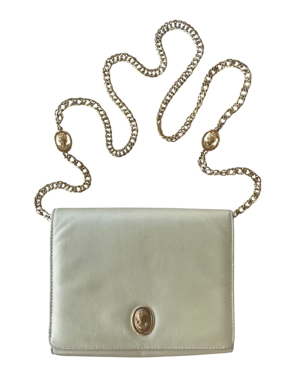 VINTAGE 80’s Crossbody Clutch featuring a GORGEOUS Gold Cameo Medallion Chain